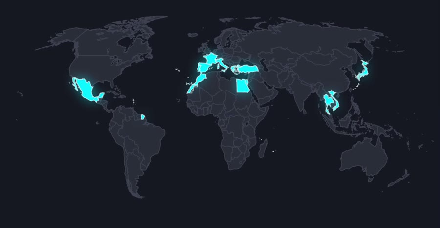 World map with visited countries glowing